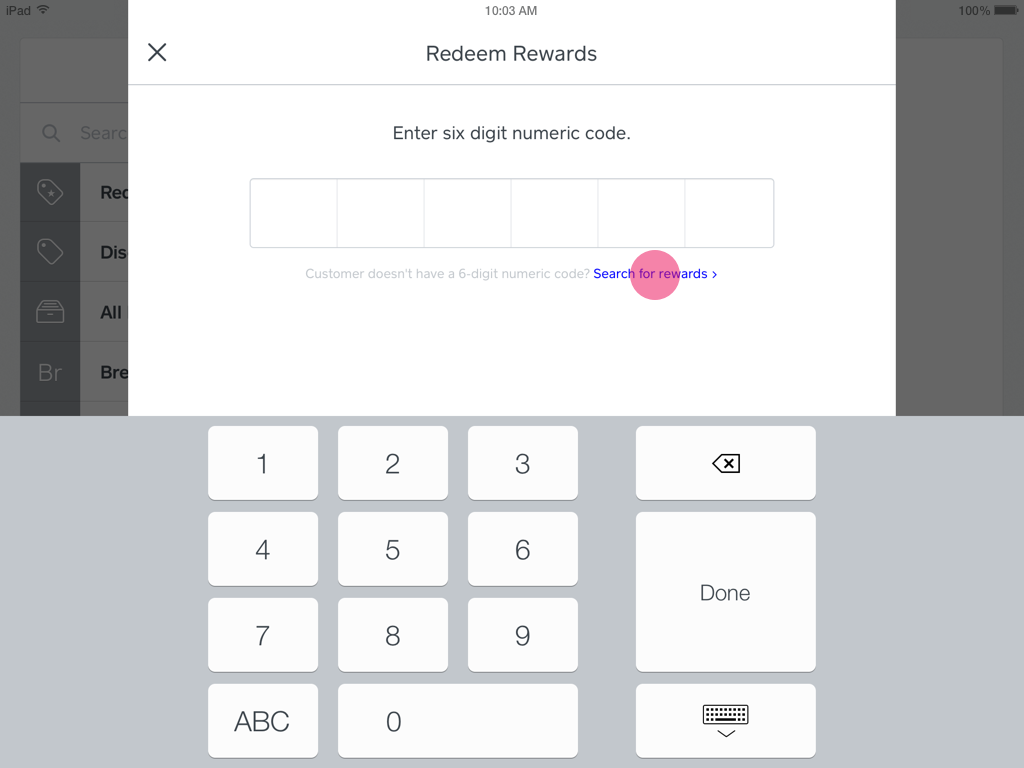 Redeem rewards finder pop-up window within Square Point of Sale on an iPad.